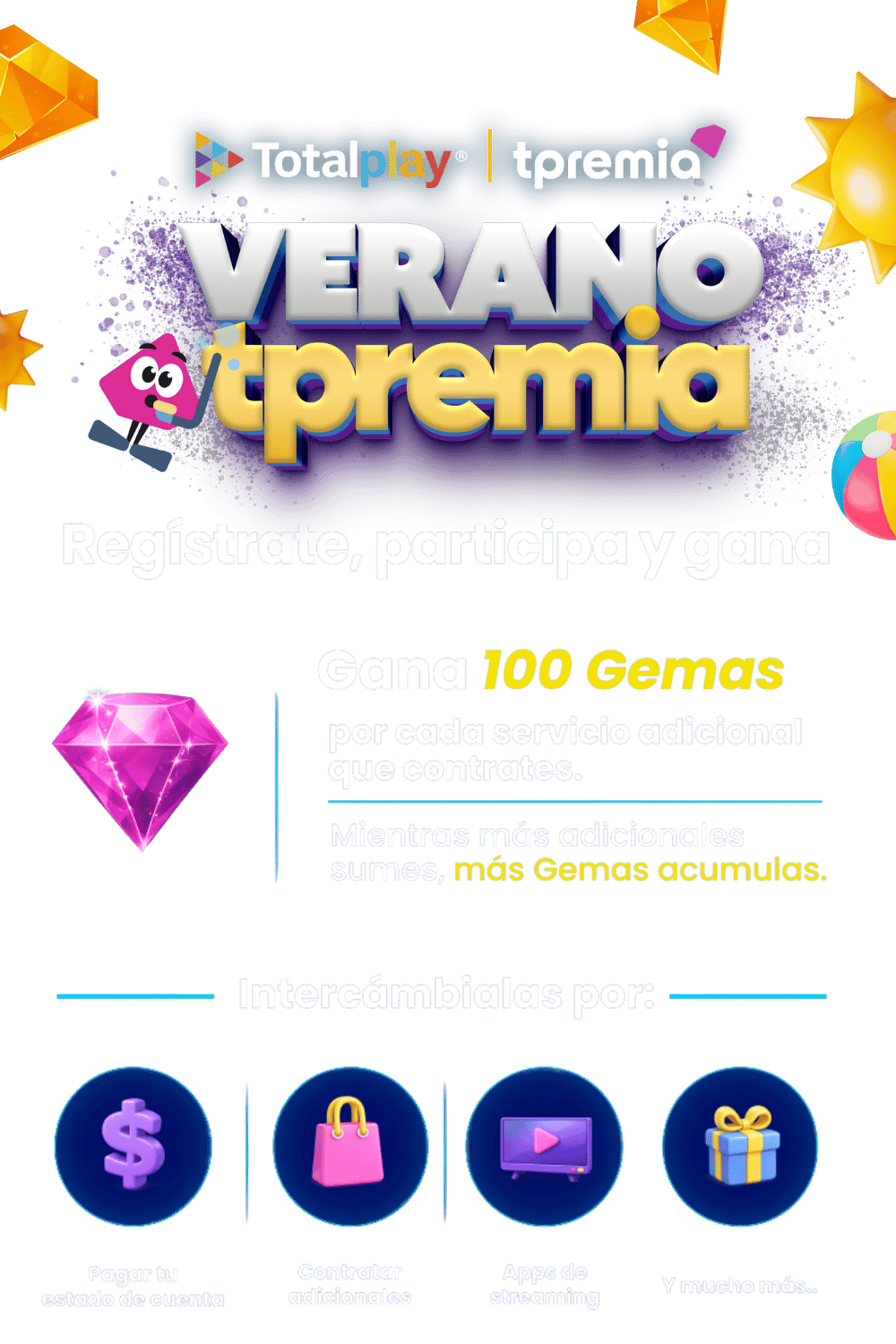 Verano Tpremia. Regístrate, participa y gana 100 Gemas por cada servicio adicional que contrates.